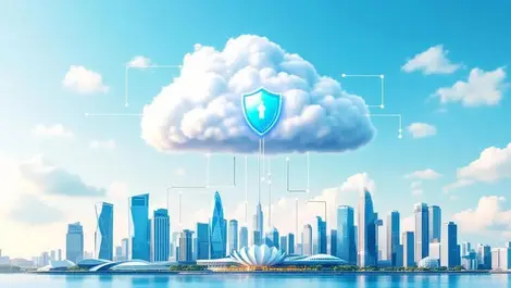 Secure cloud over singapore skyline with shield and datacenters