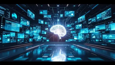 Cinematic ai governance control room glowing brain data panels