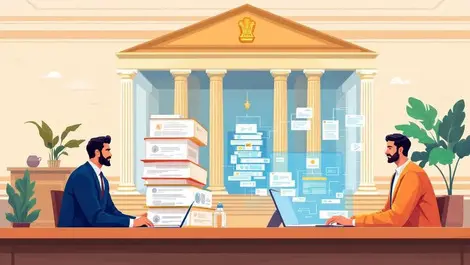 Indian courthouse ai legal backlog to digital workflow flat illustration